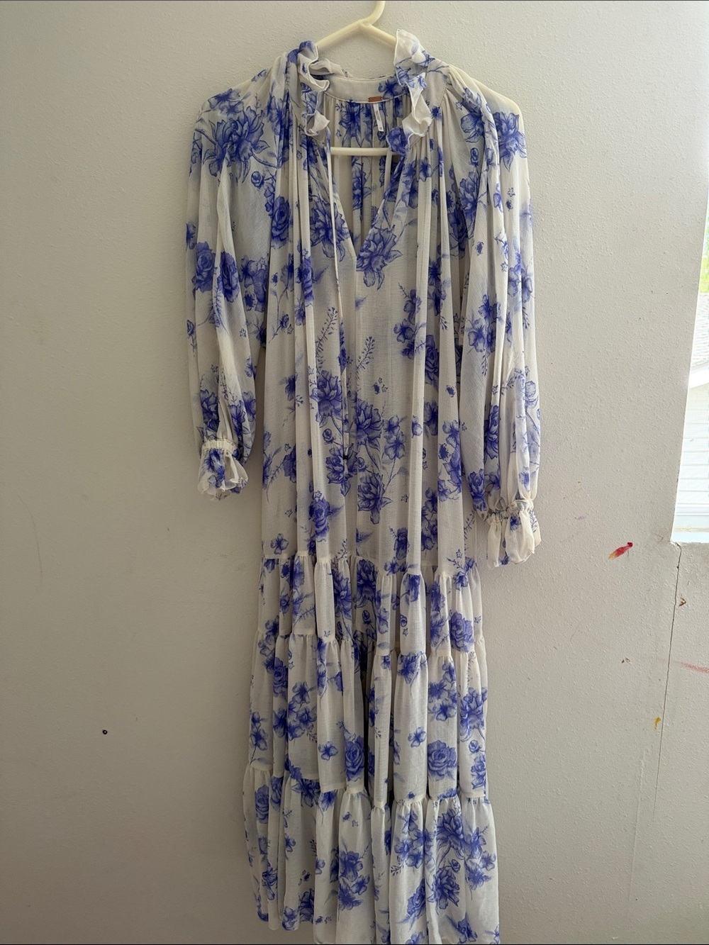 Free People White Maxi Dress with Blue Floral Print